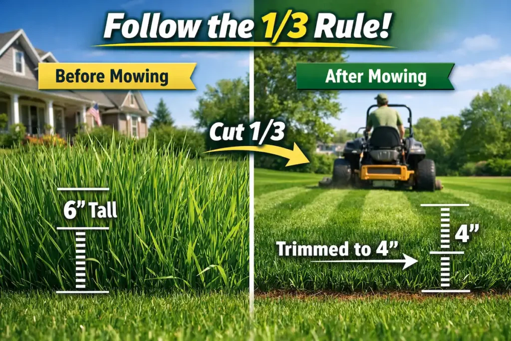1-3-rule-lawn-mowing-caledonia-hastings-mi 1/3 rule lawn mowing example showing proper cutting height for healthy grass in Caledonia and Hastings Michigan