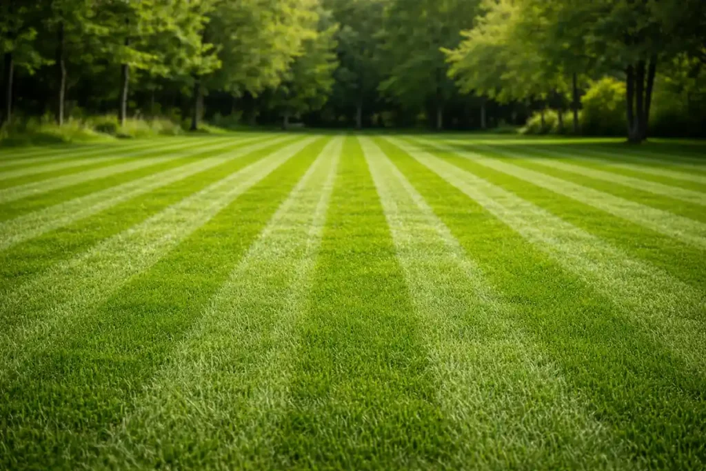 best-lawn-mowing-height-michigan Striped lawn showing proper mowing height for cool season grass in Michigan