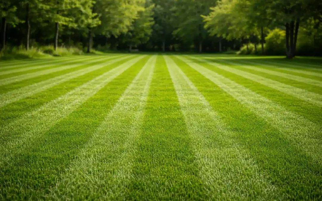 Striped lawn showing proper mowing height for cool season grass in Michigan
