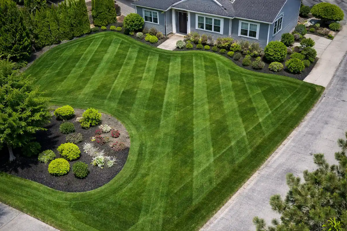 lawn-care-caledonia-mi-striped-lawn-mulch-beds Aerial view of a professionally maintained striped lawn with clean mulch beds in Caledonia Michigan