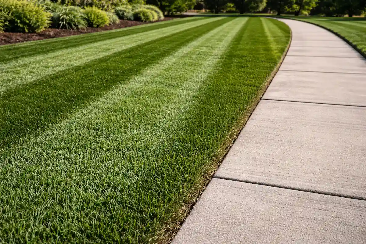 lawn-edging-striped-lawn-sidewalk-middleville-mi Crisp lawn edging along sidewalk with striped grass from professional weekly mowing service in Middleville Michigan