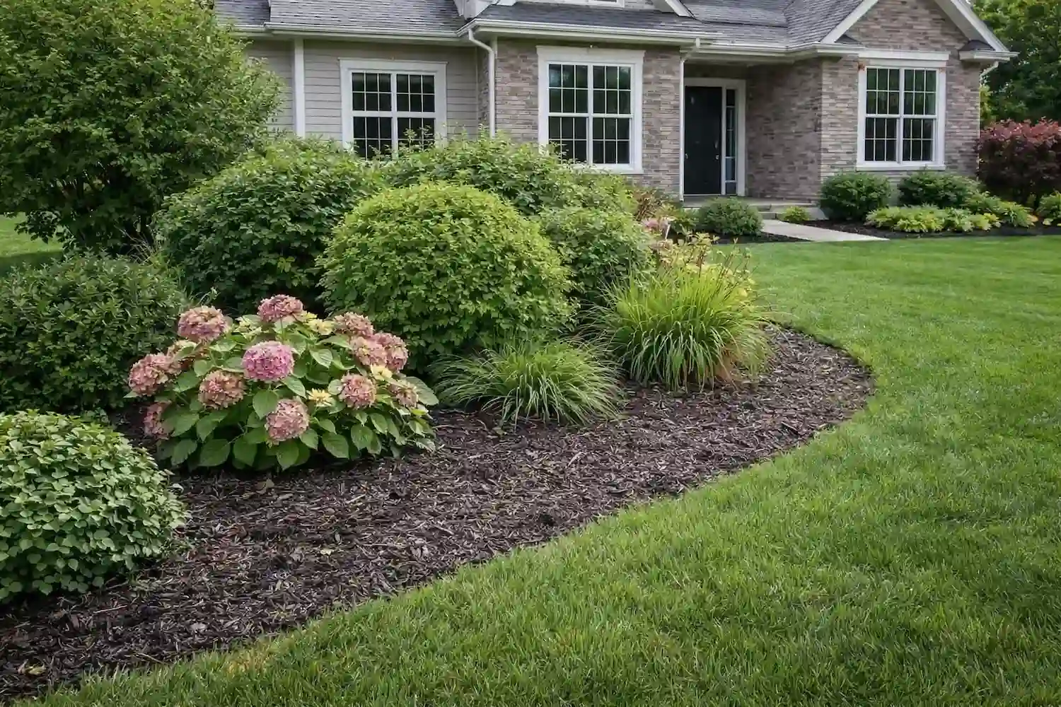 mulch-bed-before-overgrown-edges-old-mulch Overgrown landscape bed with grass edging creeping in and faded old mulch before cleanup and fresh installation
