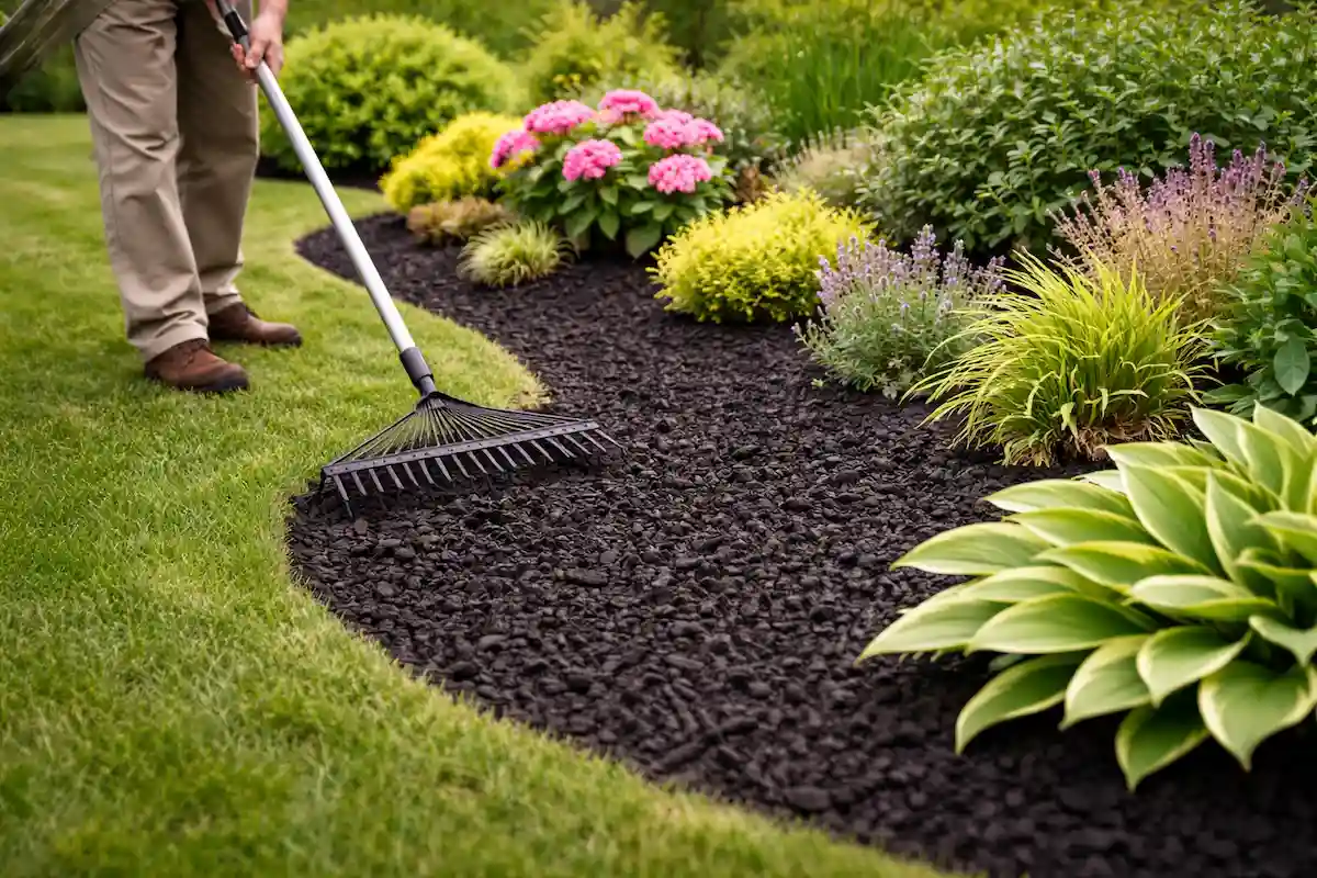 mulch-installation-bed-edging-black-mulch-raking Raking fresh black mulch in a landscape bed with clean natural edging and neatly trimmed plants