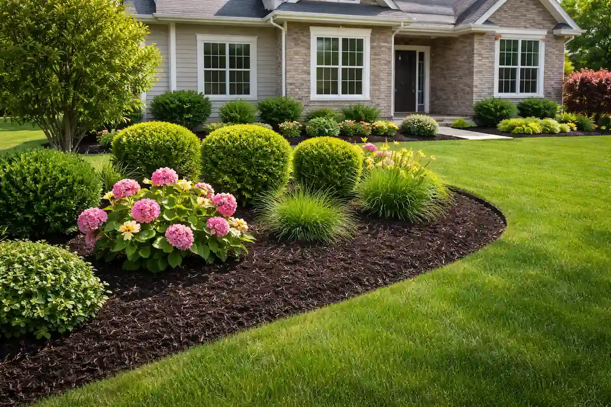 mulch-installation-bed-edging-middleville-mi Fresh dark mulch and crisp bed edging in a clean front landscape bed at a Barry County home
