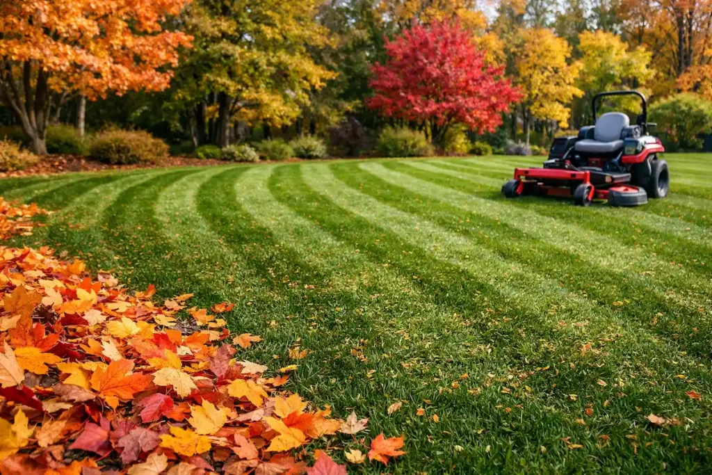 mulching-leaves-lawn-striped-yard--caledonia-middleville Mulching fall leaves into a freshly striped green lawn in Caledonia Michigan using a professional mower