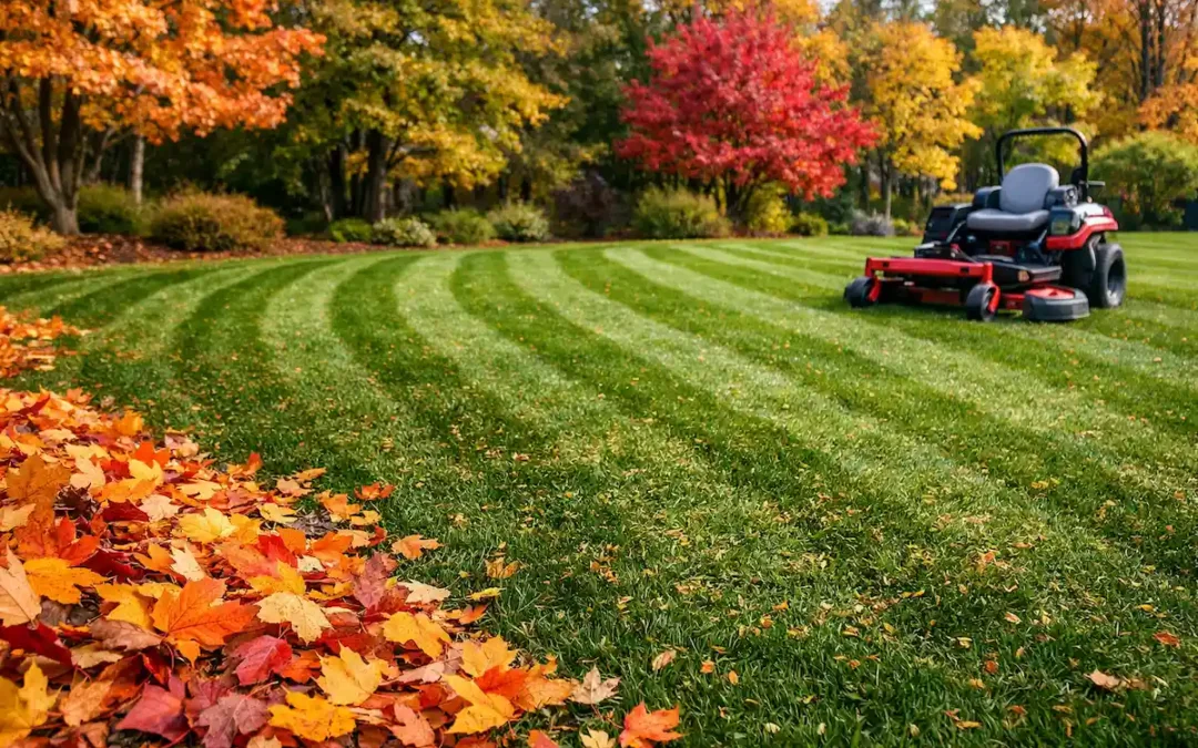 Mulching fall leaves into a freshly striped green lawn in Caledonia Michigan using a professional mower