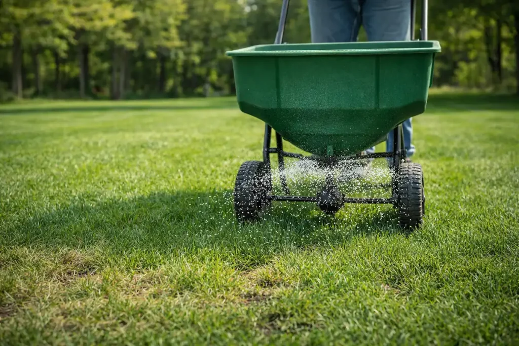 spring-lawn-fertilizing-michigan Applying lawn fertilizer to a green Michigan lawn in spring