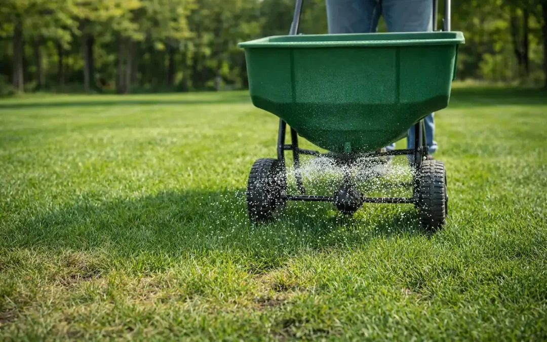 Applying lawn fertilizer to a green Michigan lawn in spring