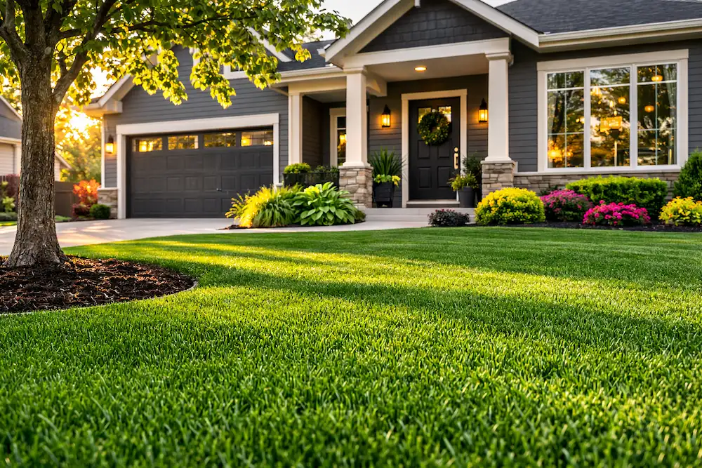 thick-green-lawn-michigan-home Thick healthy green lawn in front of a suburban Michigan home