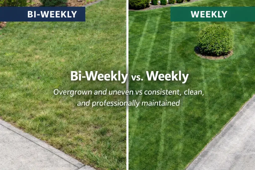 bi-weekly-vs-weekly-lawn-mowing-comparison Bi-weekly vs weekly lawn mowing comparison showing striped lawn and uneven grass in Caledonia Michigan
