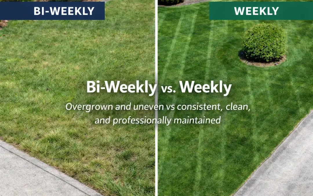 Bi-weekly vs weekly lawn mowing comparison showing striped lawn and uneven grass in Caledonia Michigan