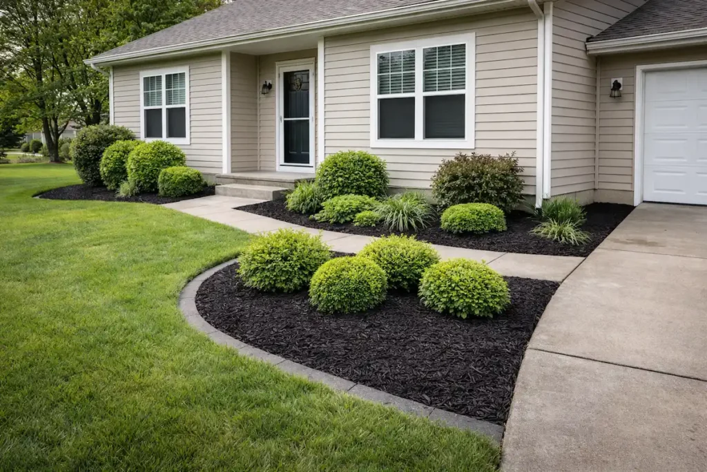 spring-mulch-installation-middleville-mi Fresh black mulch installed in landscape beds with crisp edging at a West Michigan home in spring.