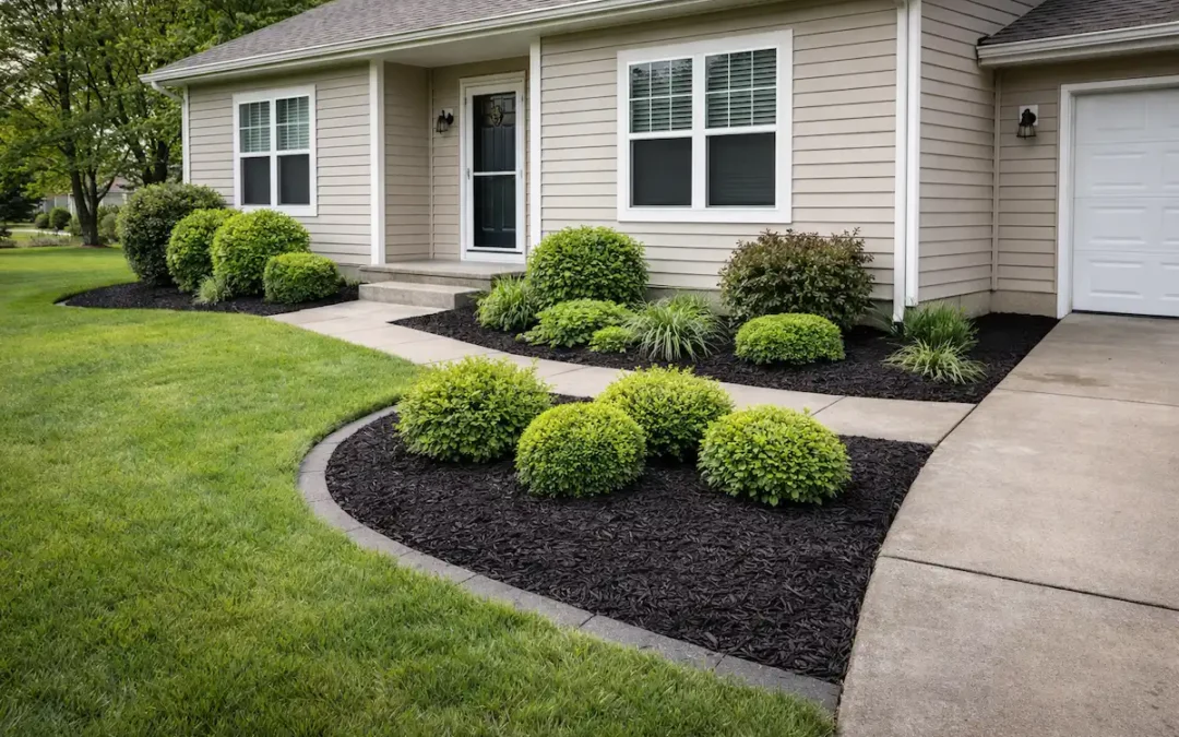 Fresh black mulch installed in landscape beds with crisp edging at a West Michigan home in spring.